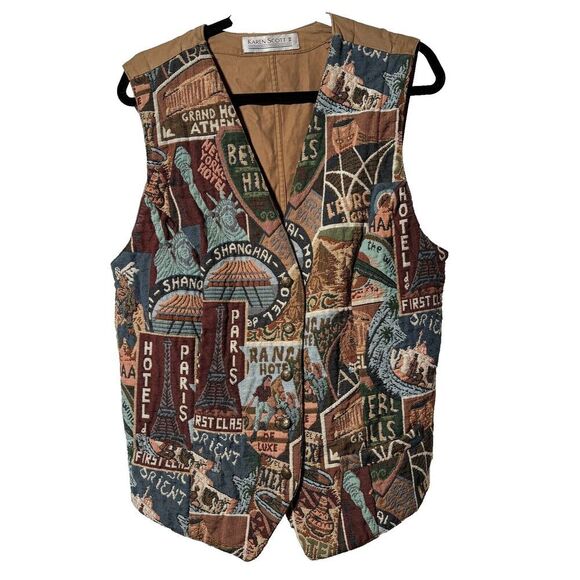 Vintage Karen Scott Tapestry Vest World City Travel Womens‎ L 90s Teacher Artsy - Picture 1 of 5